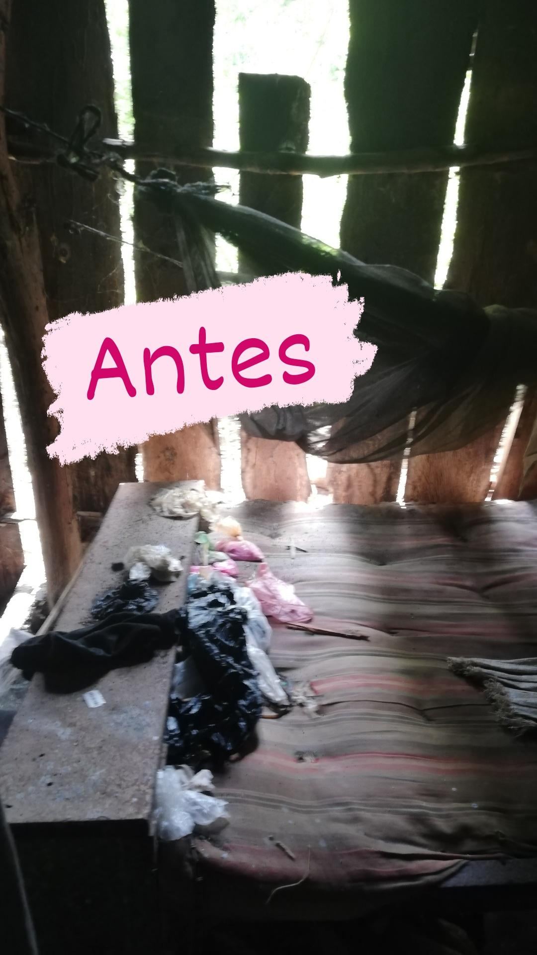 Labeled “Antes” (before): a worn mattress and a hammock inside a plank house in Las Delicias del Jobo
